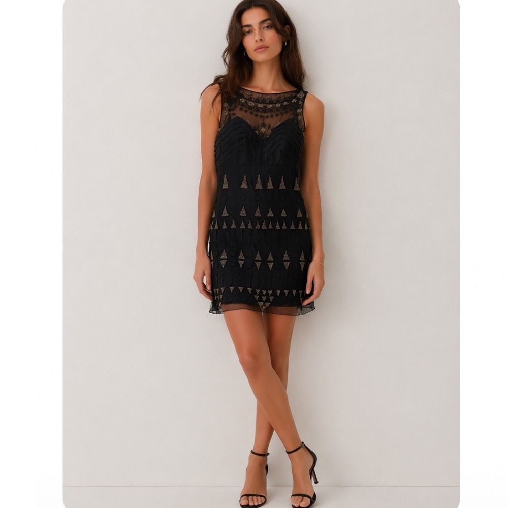 VINTAGE 90s SUE WONG NOCTURNE‎ Black Beaded ART DECO Mini Dress WOMEN 2